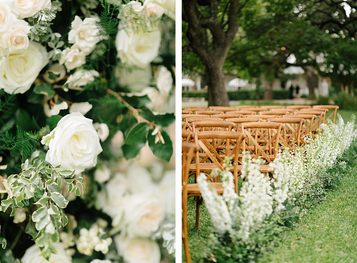 Wedding ceremony design altar Mattie's Austin Venue trees white flowers down aisle arch