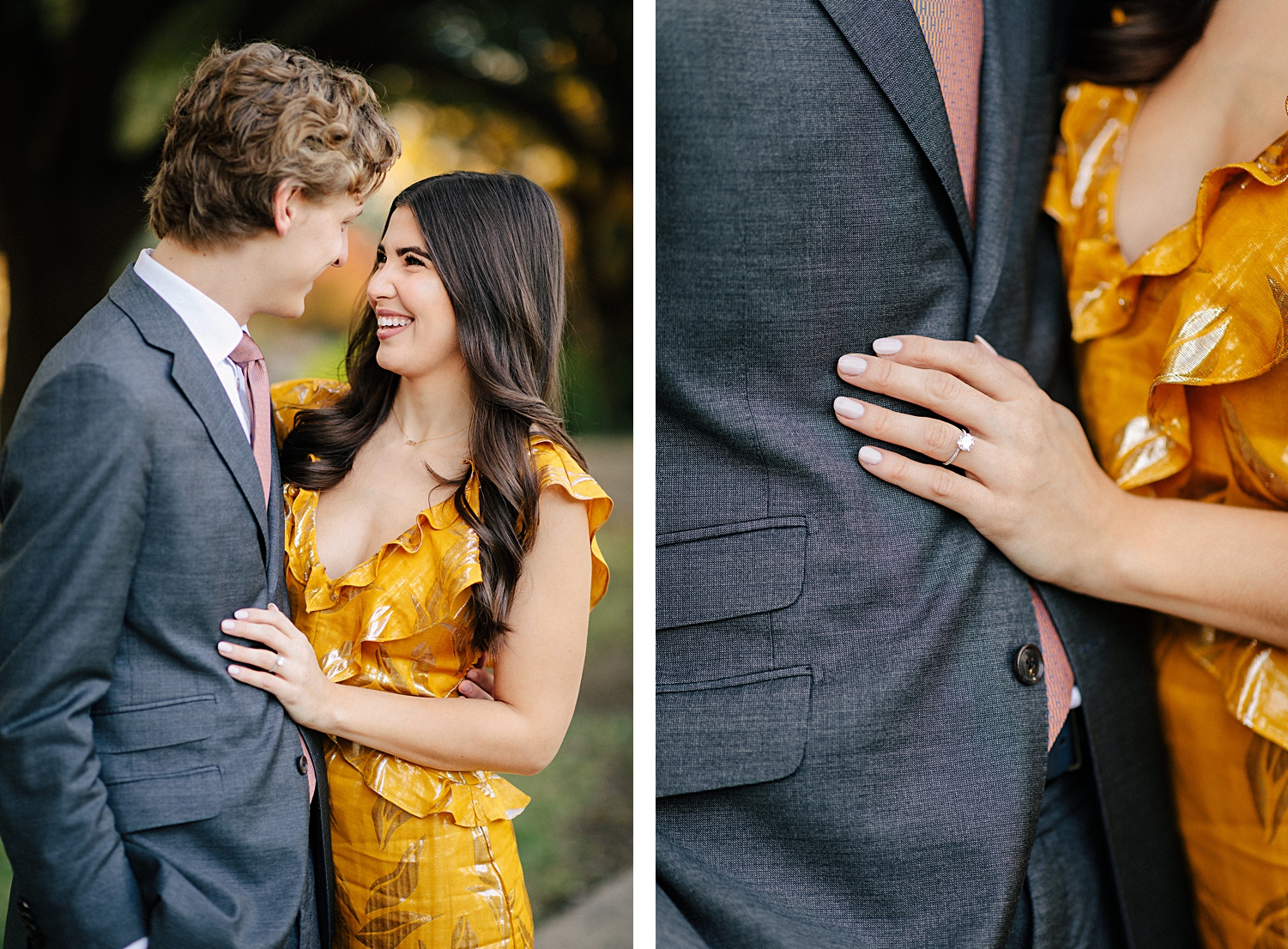 woman in yellow dress smiling with engagement ring hand on man in suit in park
