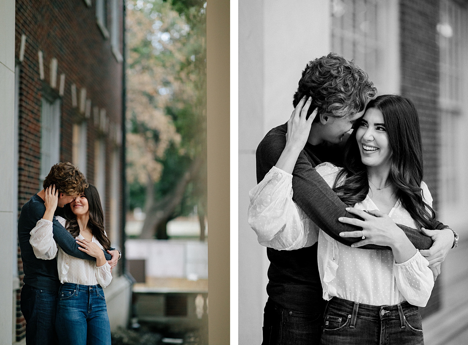 man embracing girl from behind laughing during engagement 