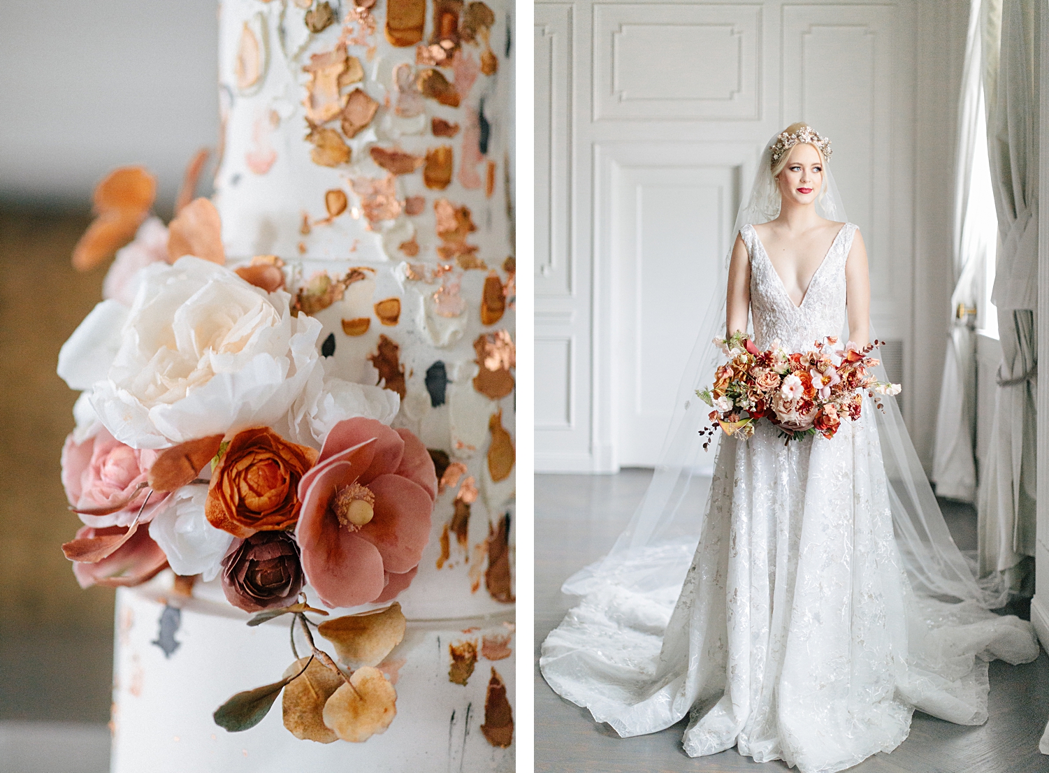 bride in shimmering white wedding dress and veil standing in white room holding orange bridal bouquet