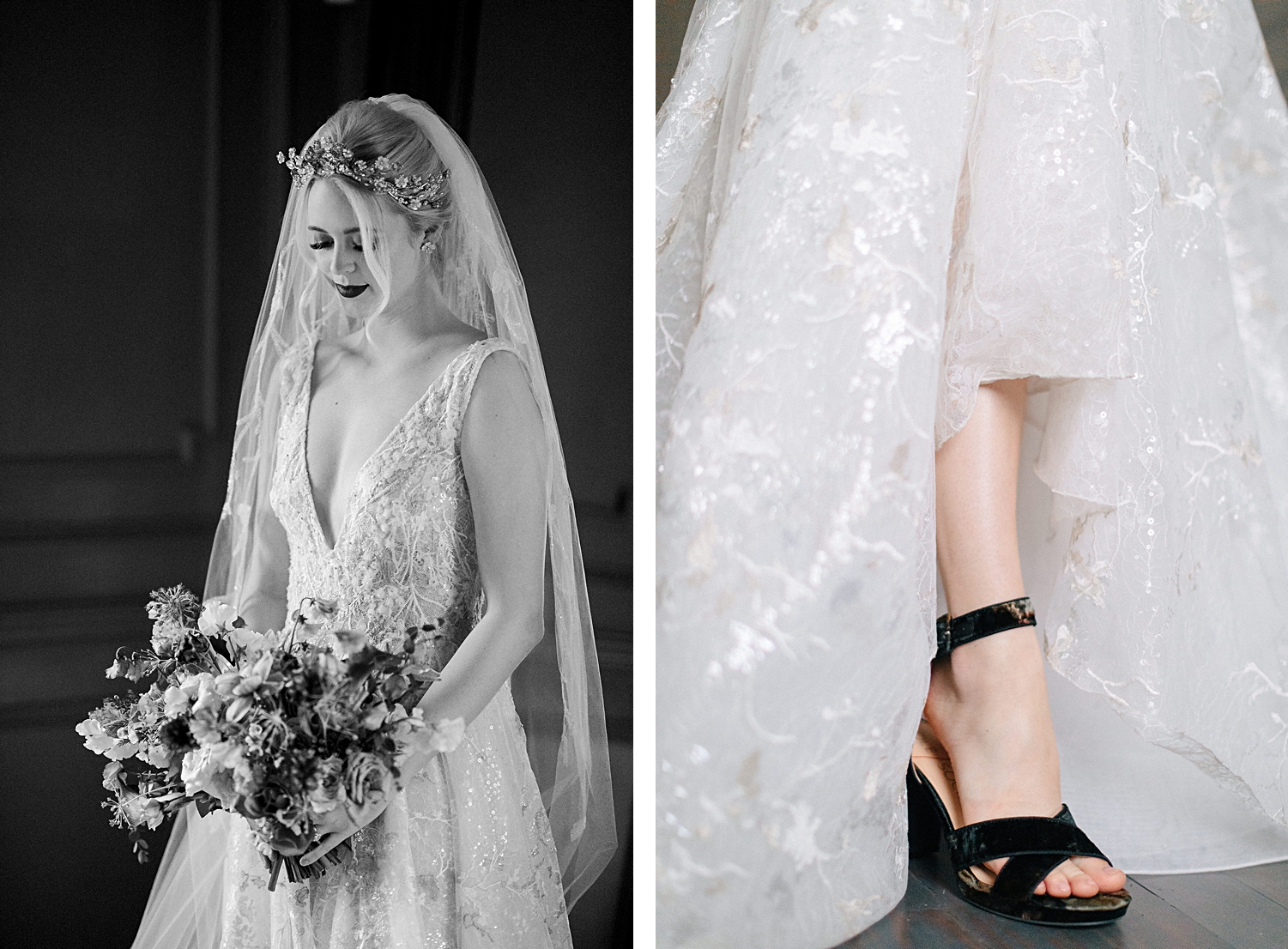 bride in shimmering white wedding dress, crown, veil holding bridal bouquet