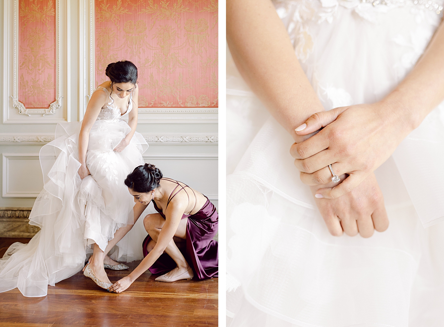 Bride getting help from bridesmaids putting on wedding shoes