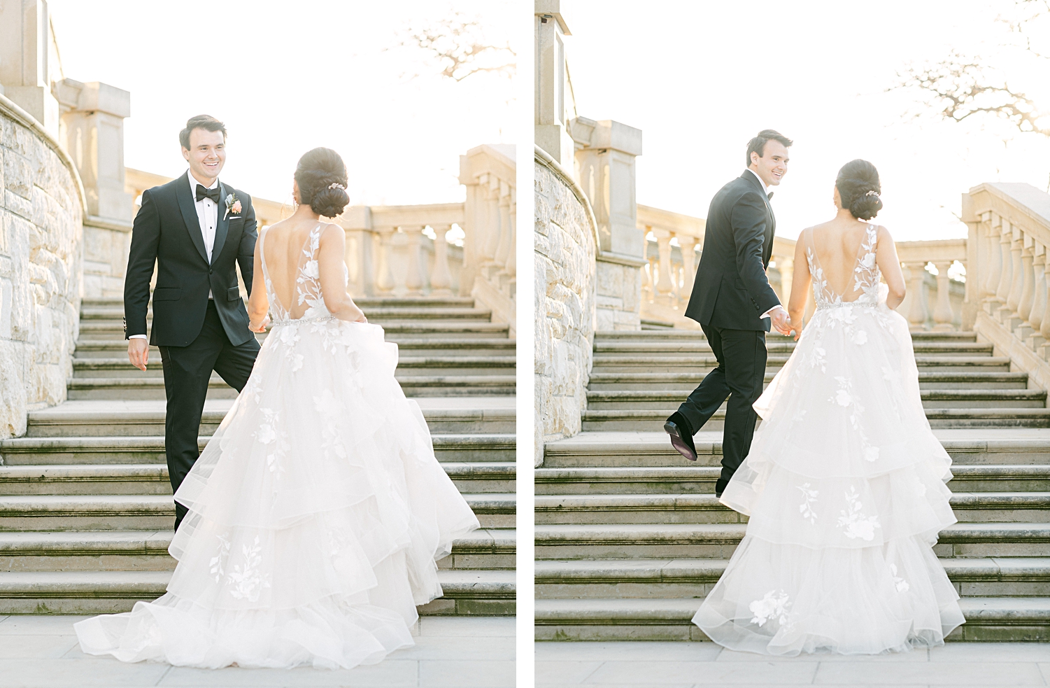 Bride and groom walking up outdoor staircase at french estate wedding at sunset