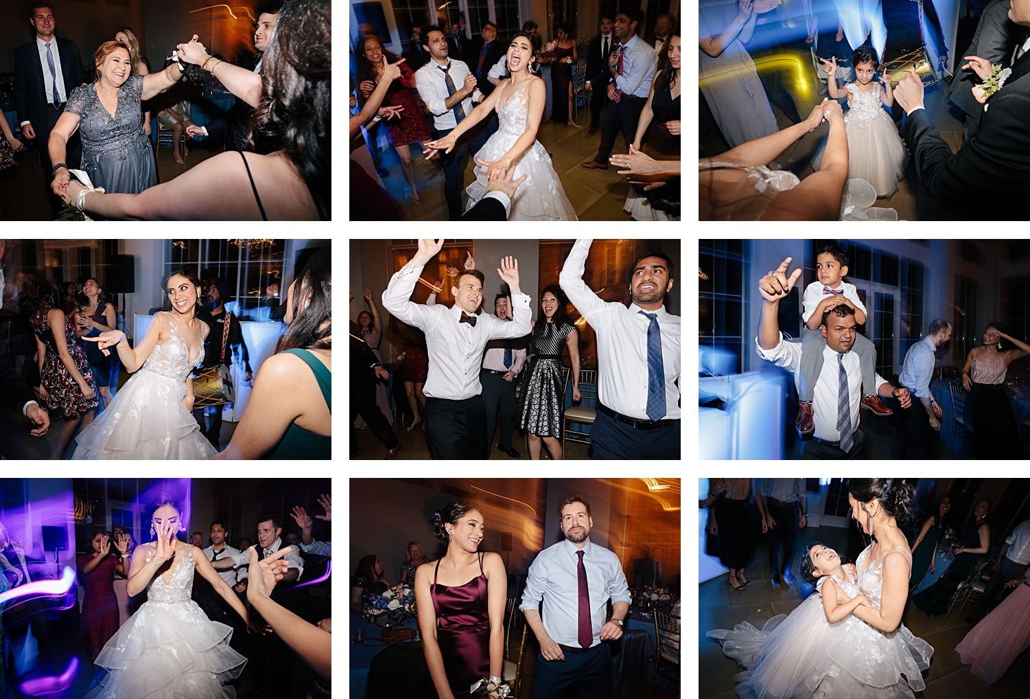 bride and groom dancing with guests at wedding reception laughing at night