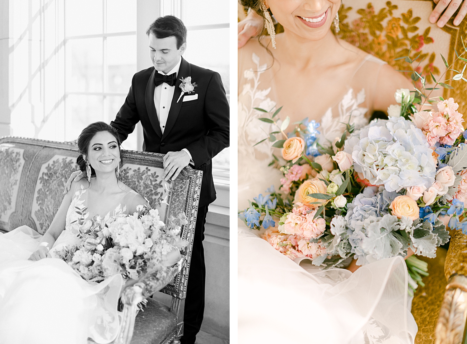 Bride and groom sitting holding colorful floral wedding bouquet smiling