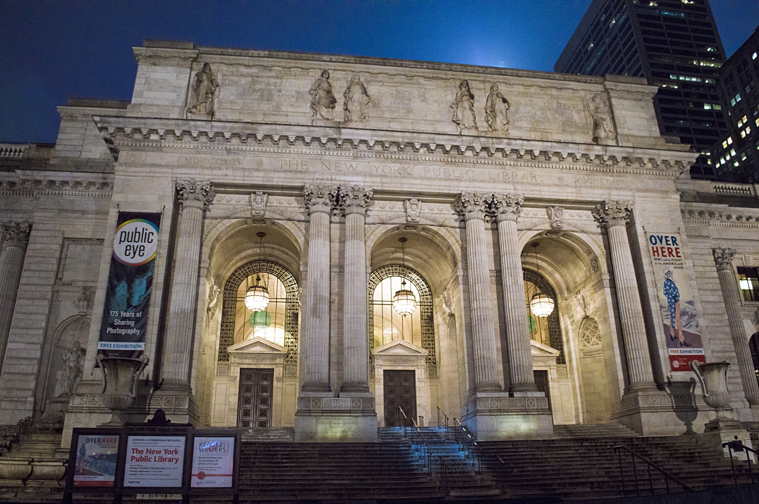 Public Library NYC manhattan midtown building night