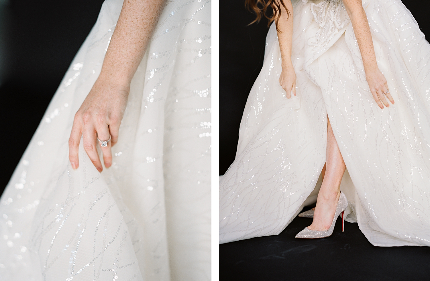 girls hands and feet in sparkling white wedding gown