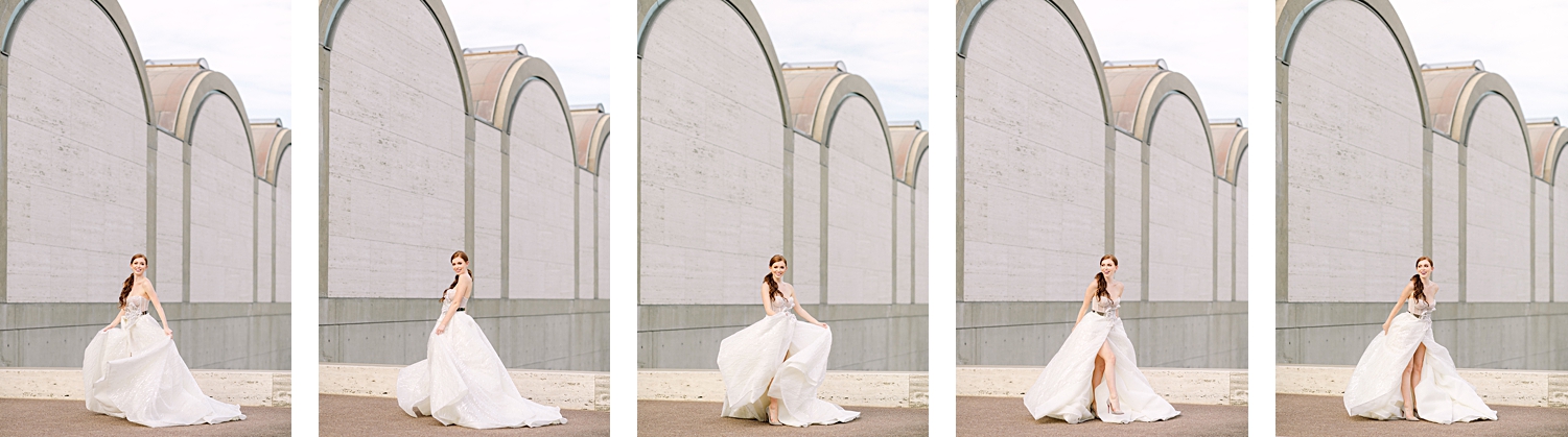 red headed bride in sparkling white Galia Lahav bridal gown dancing in front of Kimbell Art Museum