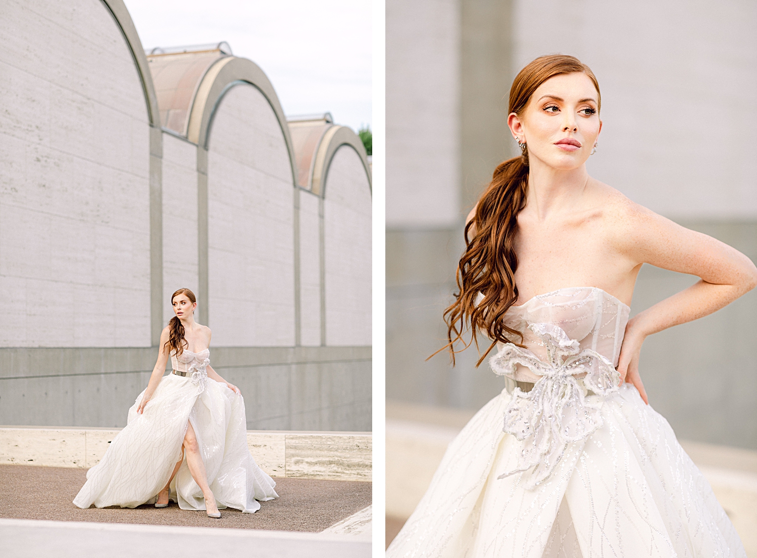red headed bride in sparkling white Galia Lahav bridal gown in front of concrete building
