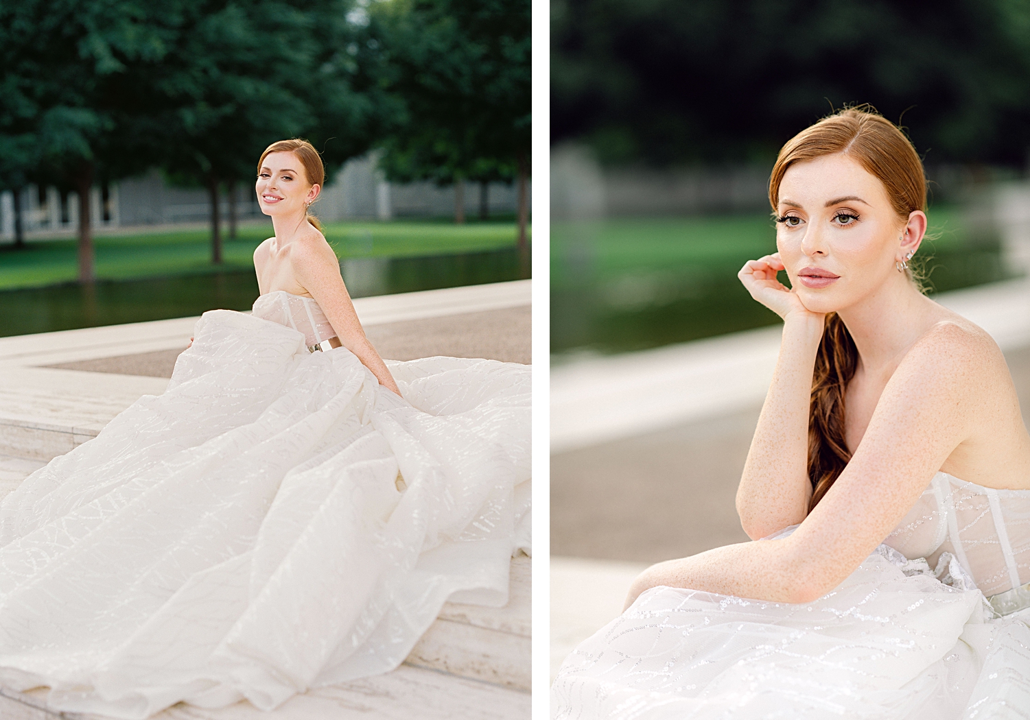 red headed bride in sparkling white Galia Lahav bridal gown on front of green background