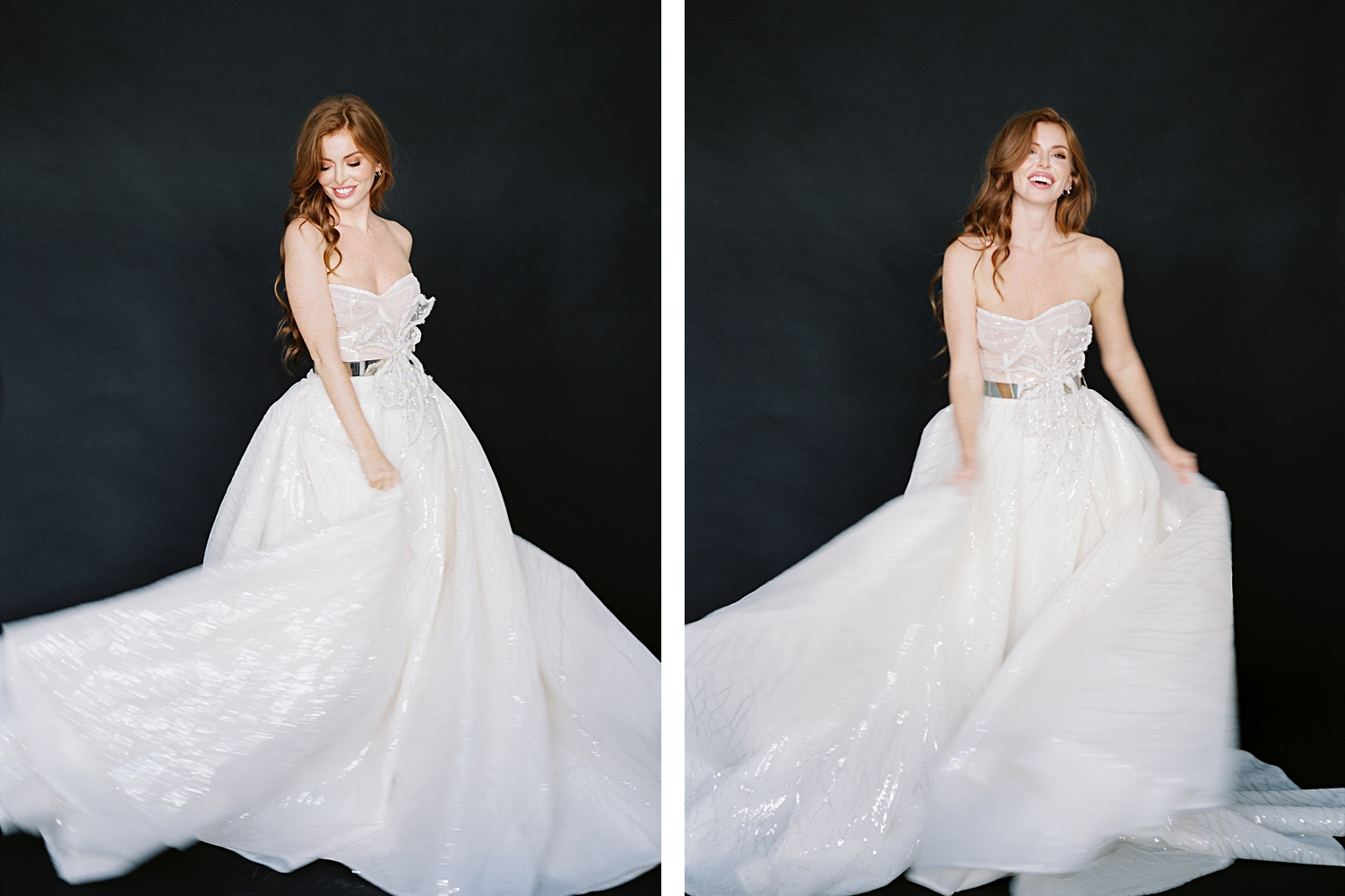 red headed girl in sparkling white wedding gown laughing