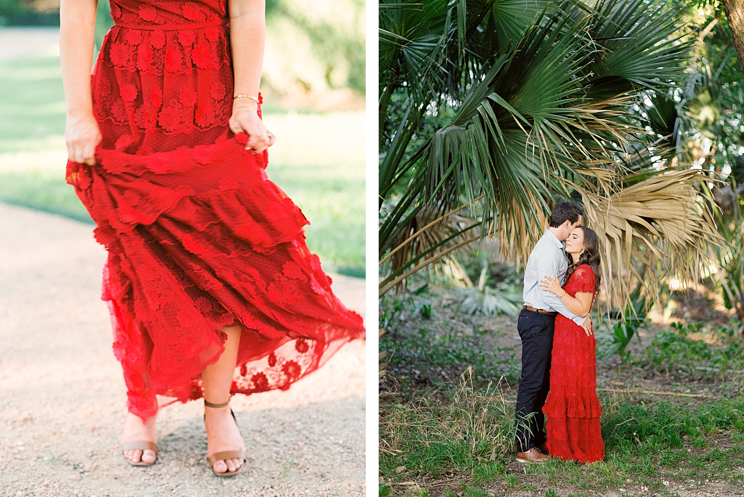 Man and woman in red dress embracing in green garden Austin engagement at Laguna Gloria