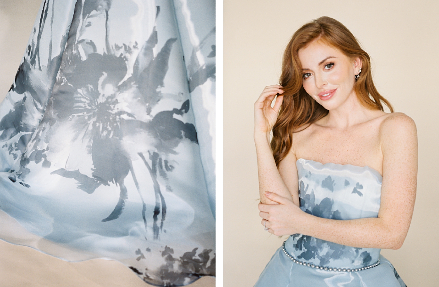 Blue floral ball gown worn by redhead woman with hand on elbow