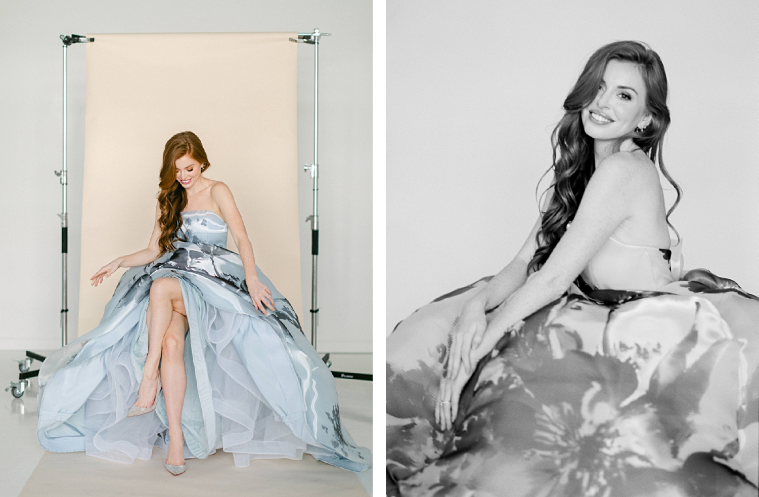 Blue floral ball gown worn by redhead woman laughing