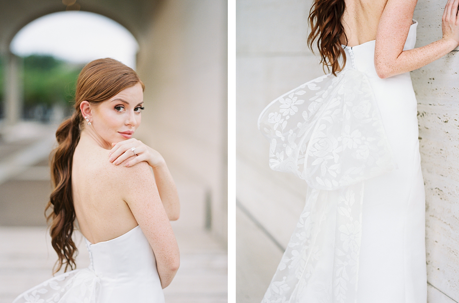 red headed bride with hand on shoulder in white Sareh Nouri bridal gown with lace bow on back