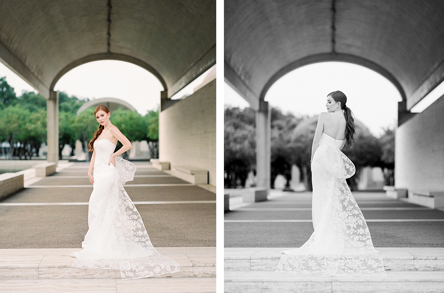red headed bride in white Sareh Nouri bridal gown with lace bow standing under concrete awning