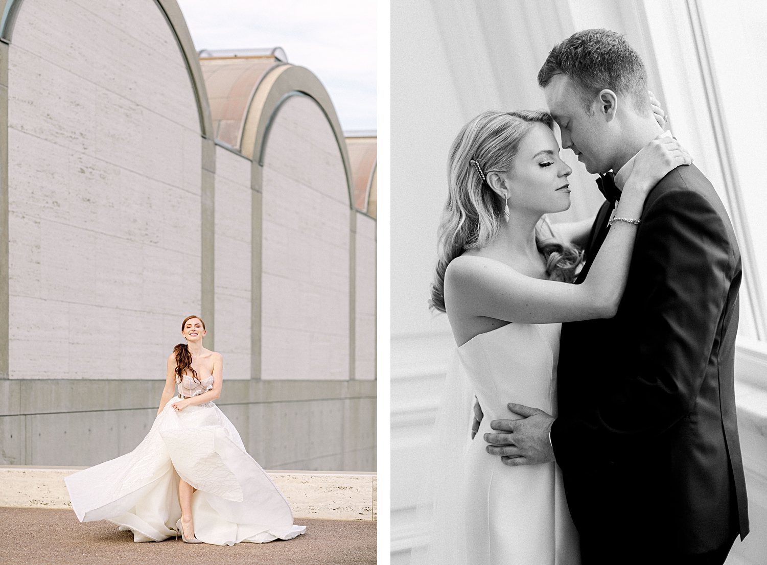 couple at wedding venues nyc embracing black and white wedding dress