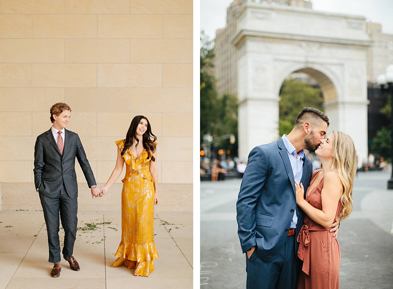 woman in yellow dress sitting with man in grey suit walking laughing best wedding venues NYC