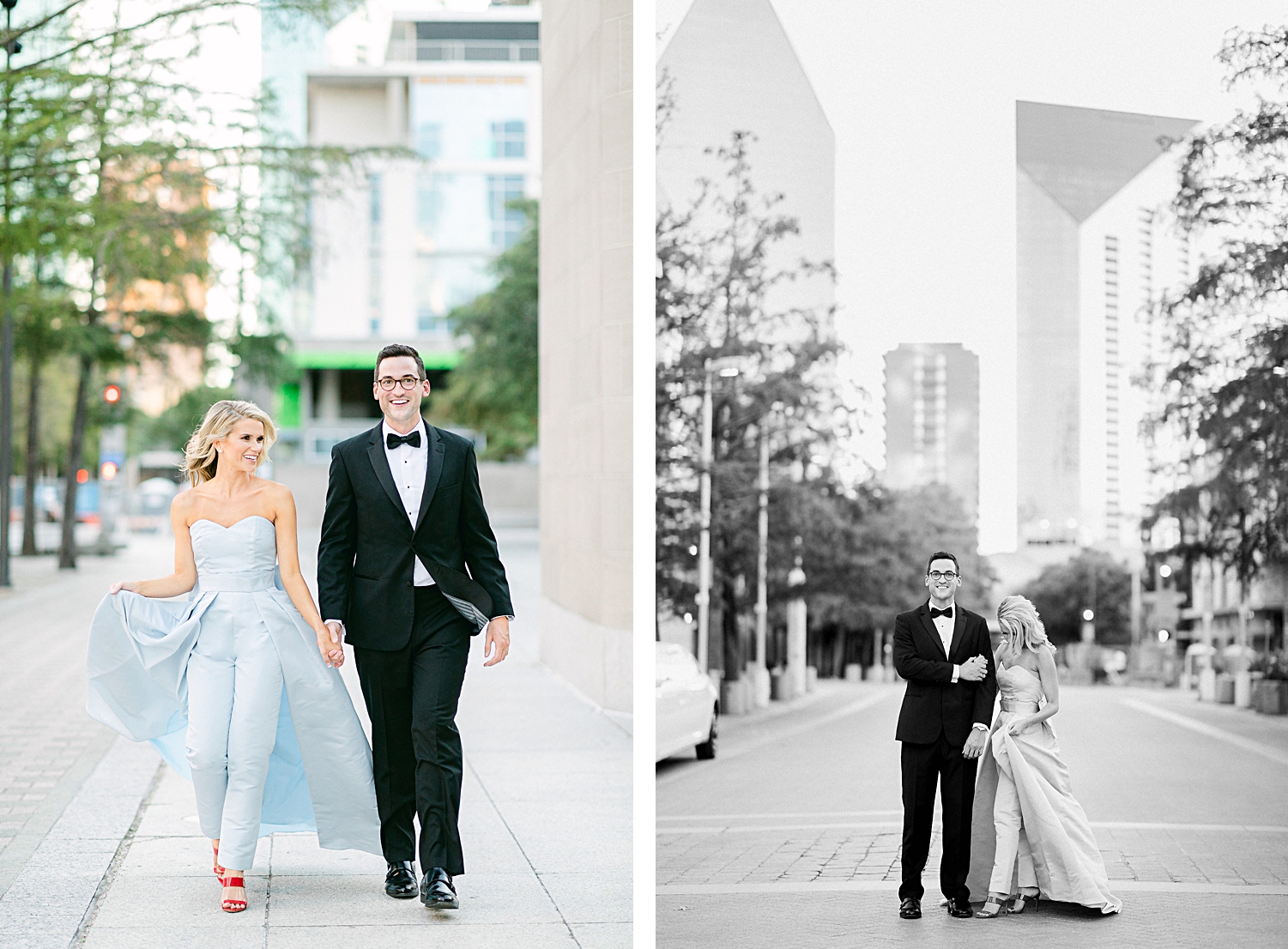 Man in black tuxedo and woman in light blue jumpsuit walking together in Dallas