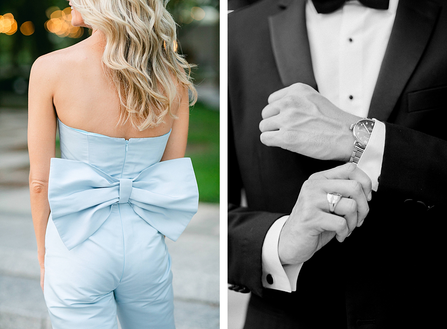 Mens black tuxedo and woman in light blue jumpsuit with large bow in back engagement