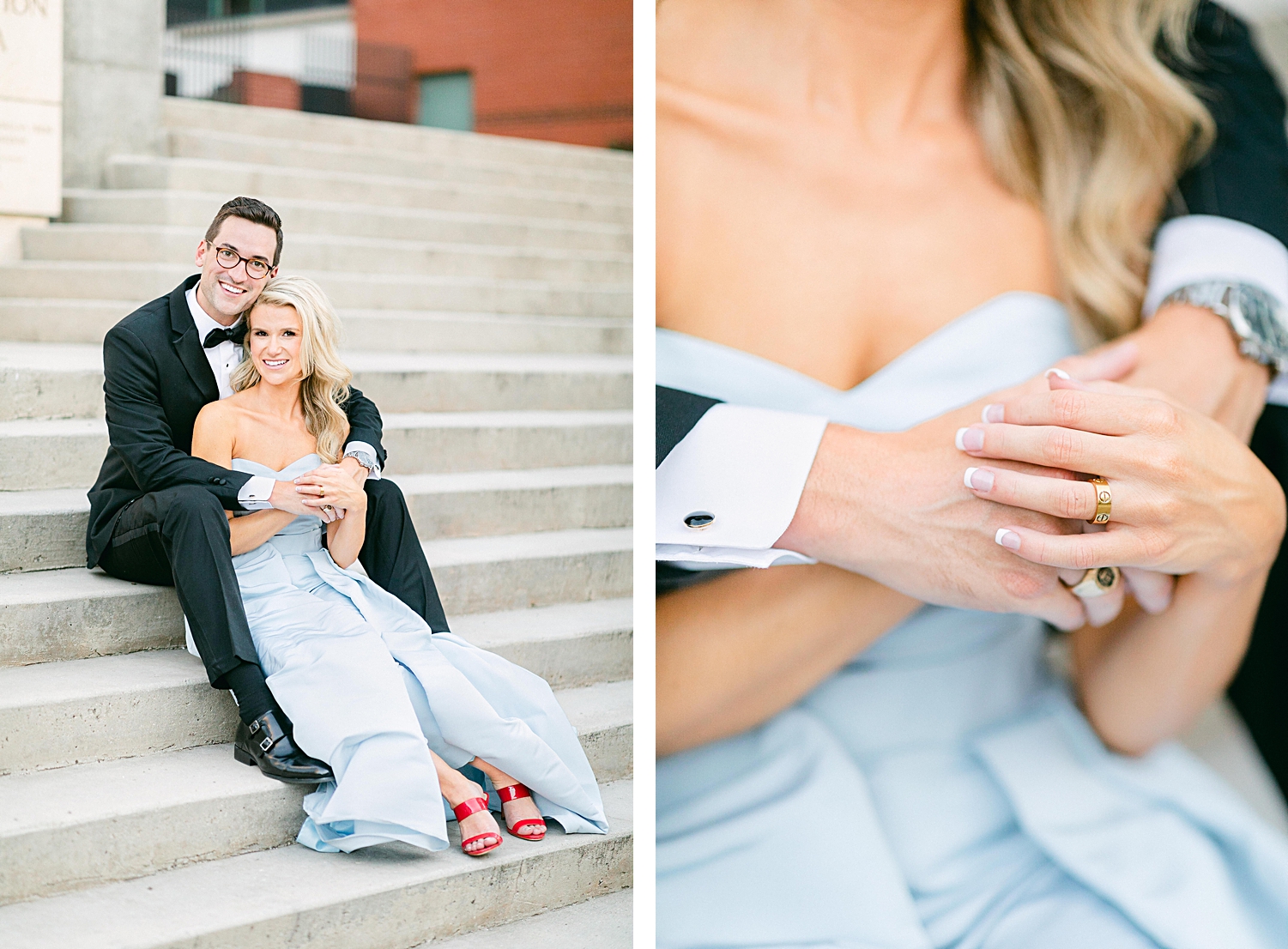 Man in black tuxedo with arms around woman in light blue jumpsuit sitting on stairs in downtown Dallas engagement session