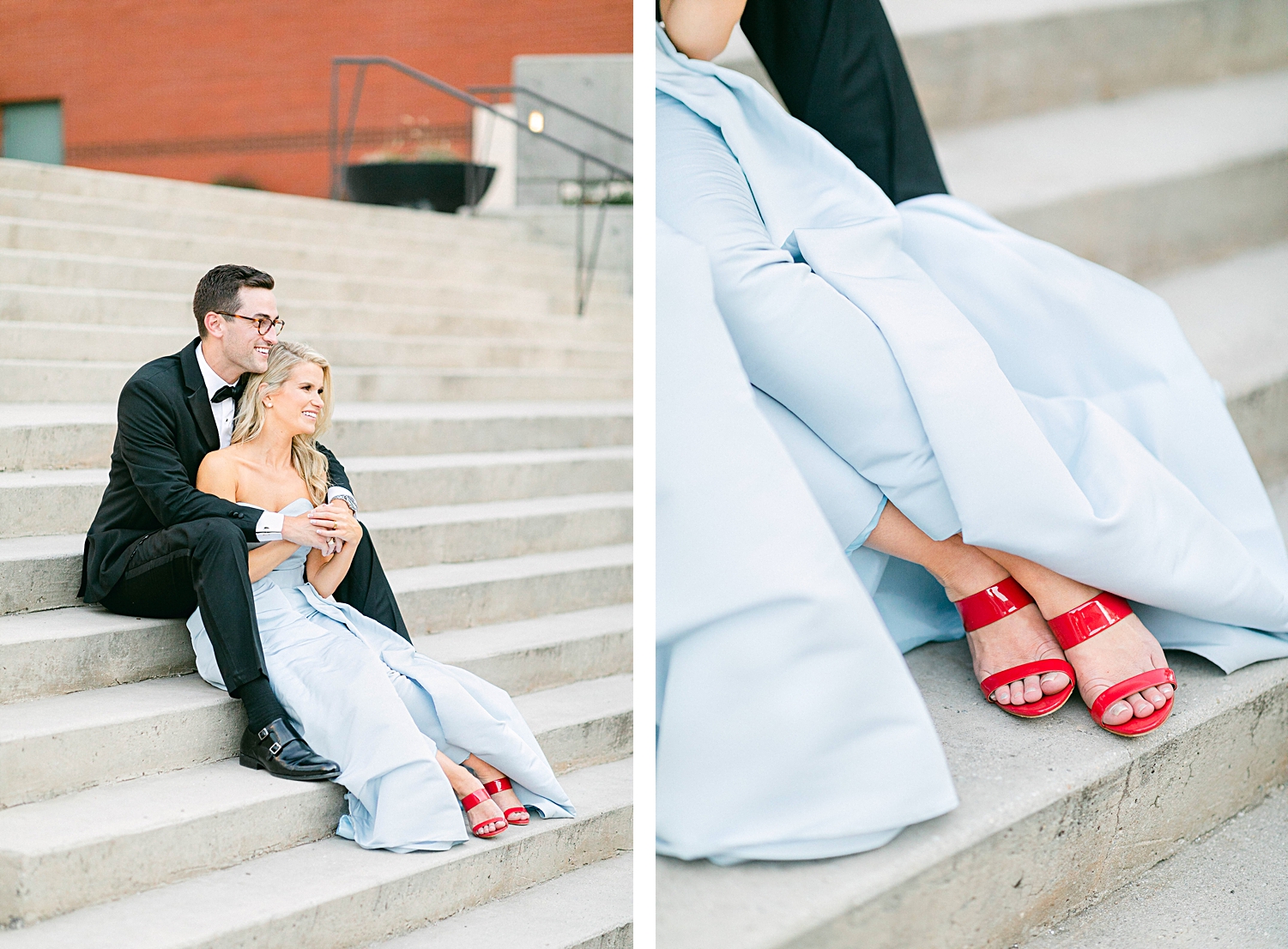 Man in black tuxedo with arms around woman in light blue jumpsuit and red shoes sitting on stairs in engagement session