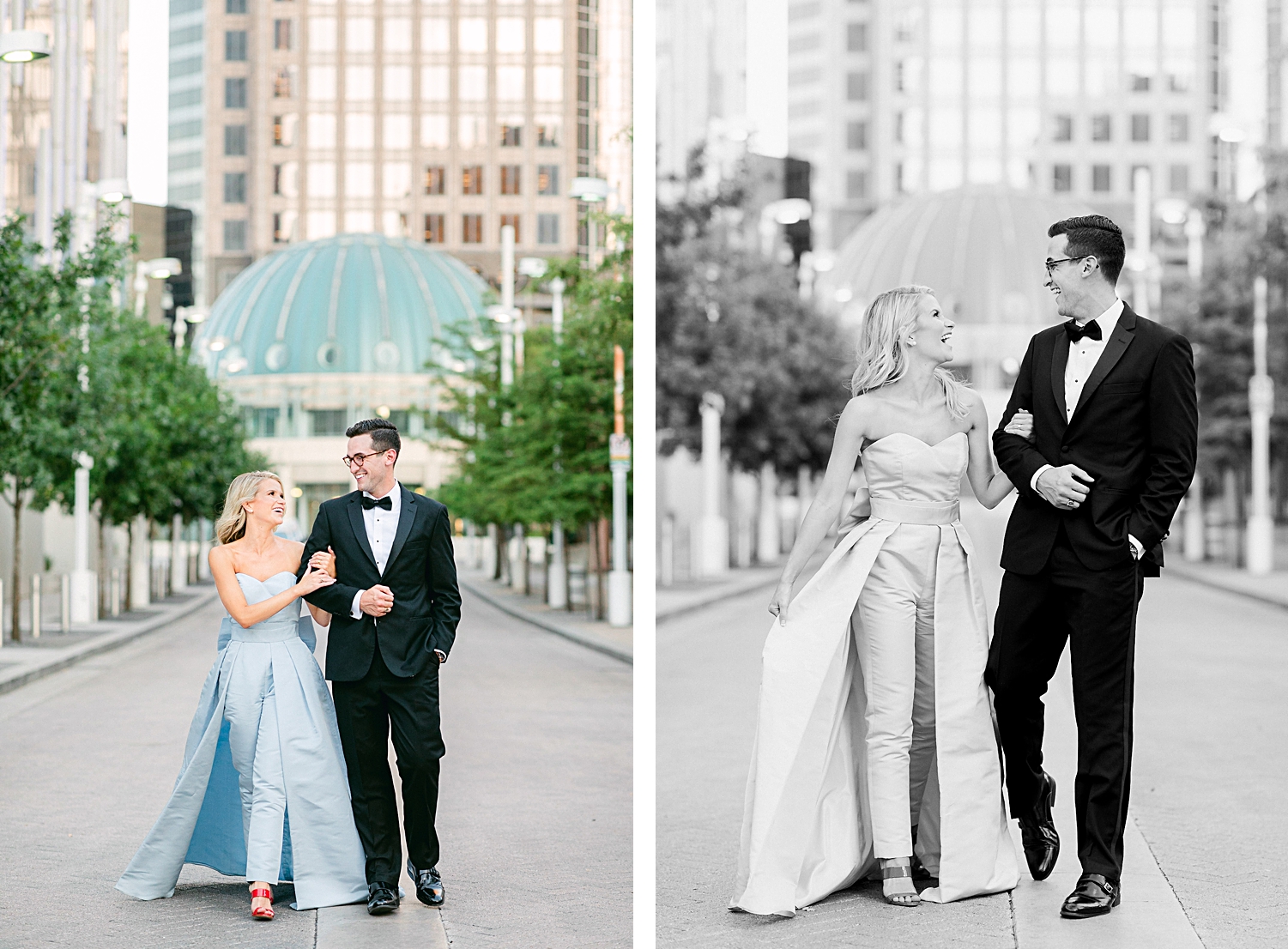 Man in black tuxedo and woman in light blue jumpsuit and red shoes walking together in downtown Dallas engagement session