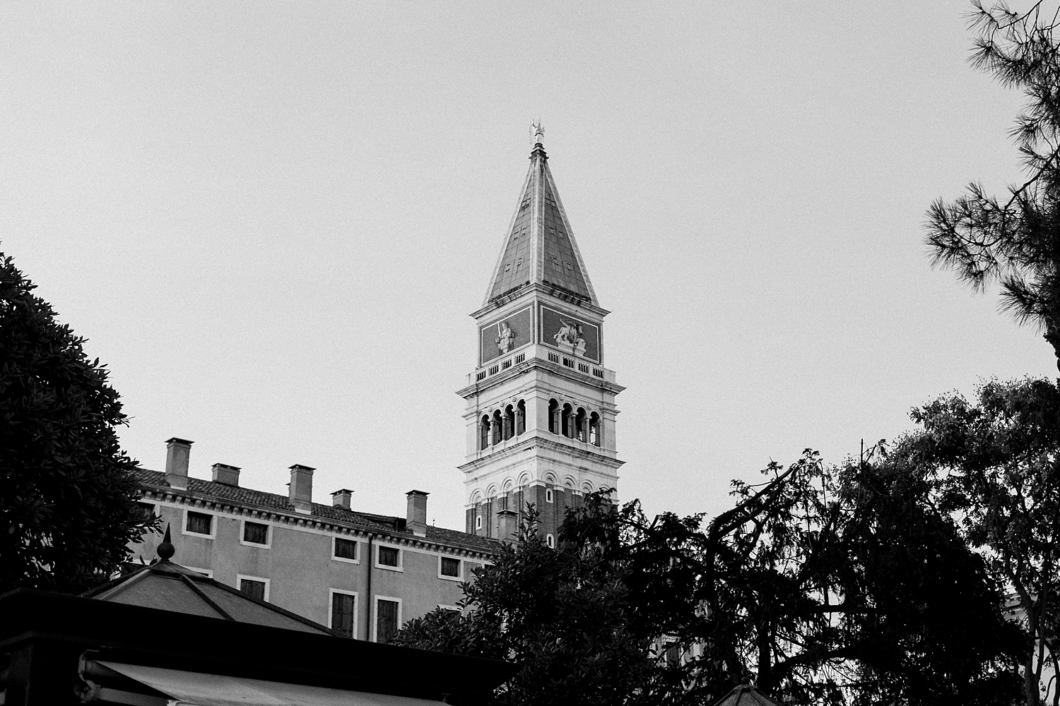 Black and white St Mark's Campanile Bell Tower in Venice 