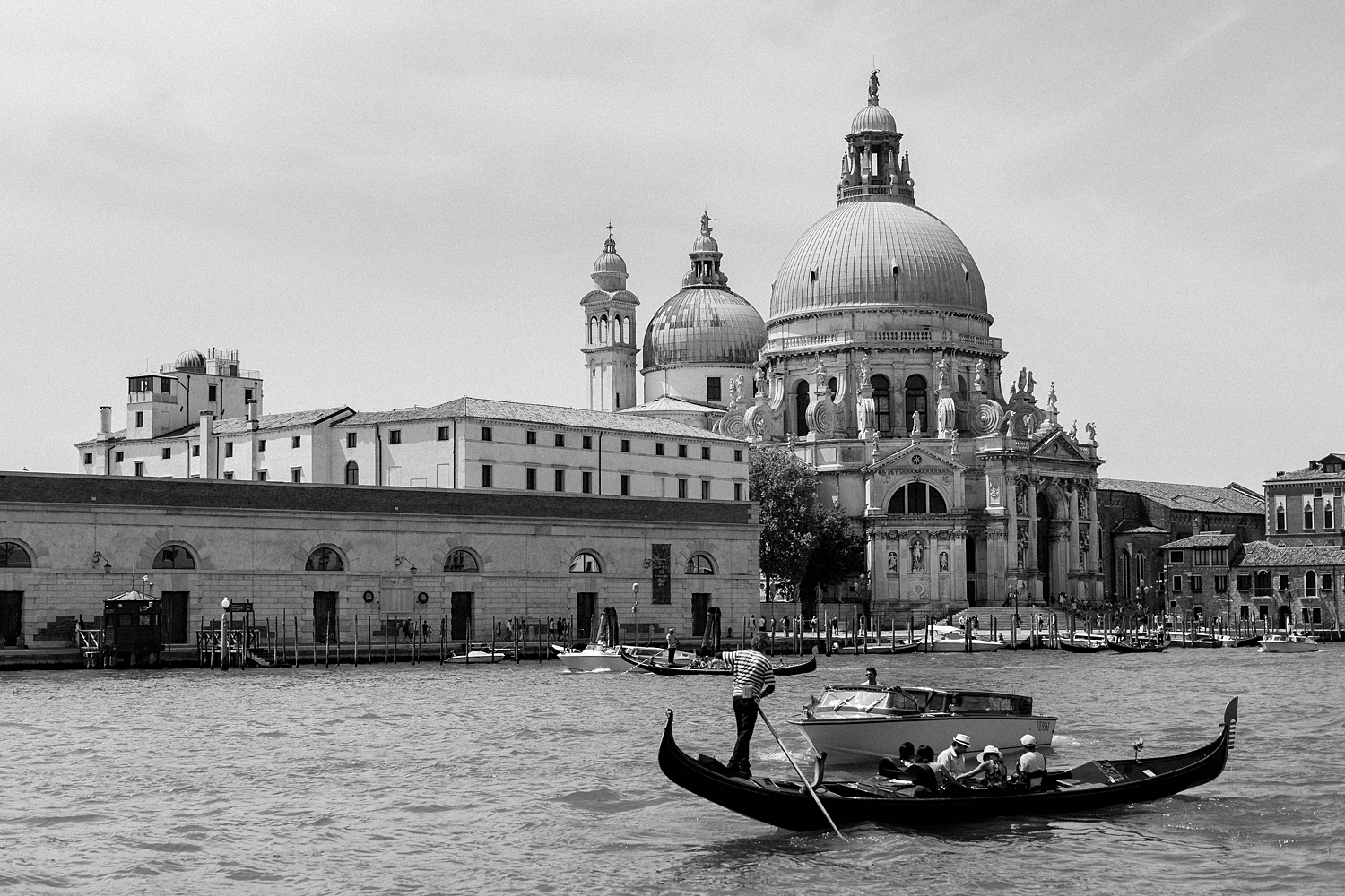 Black and white Venice Grand Canal gondola domed church