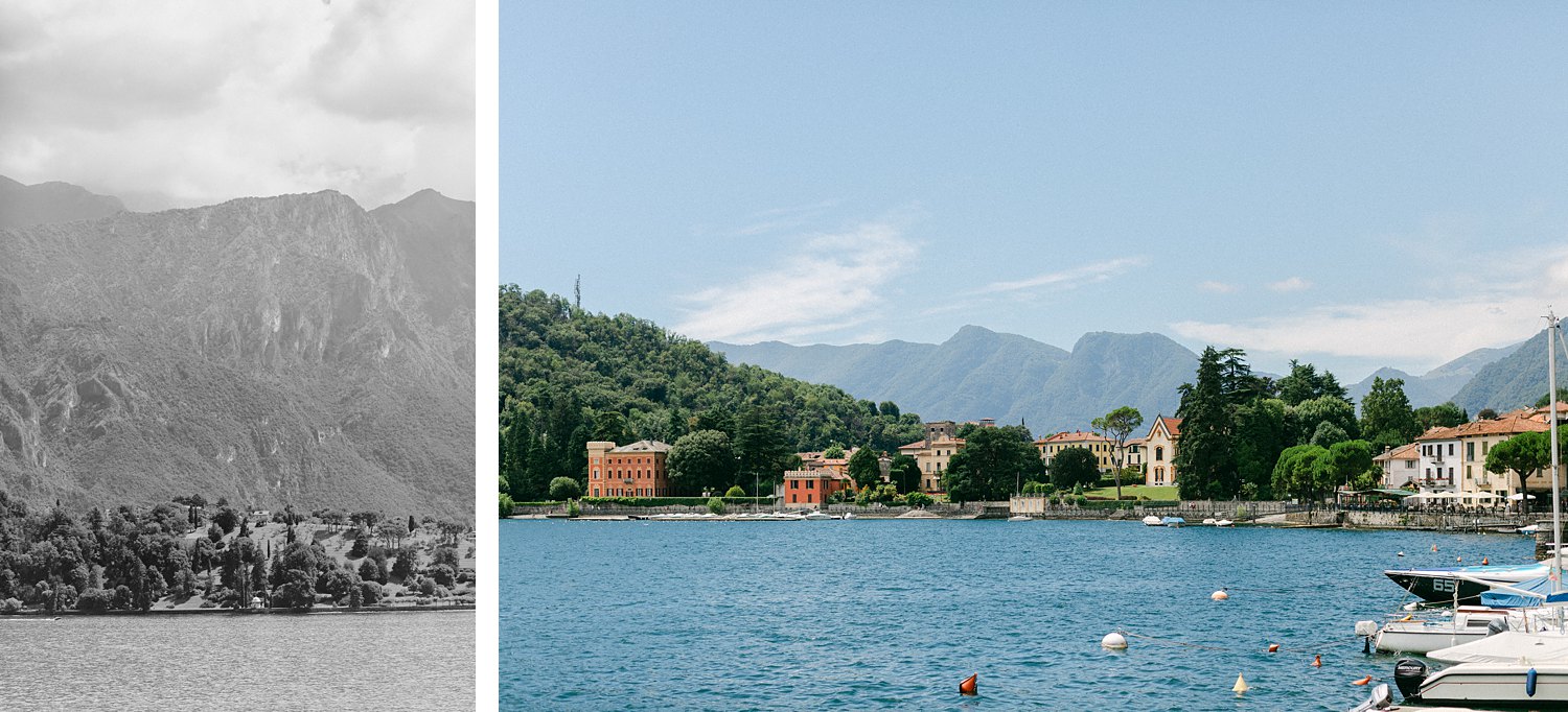 Italian villas around shore of lake Como with mountains in background