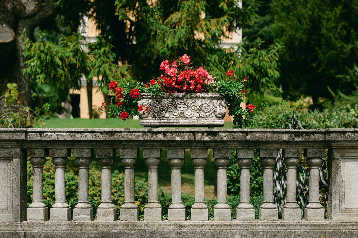 Stone flower box filled with red flowers on stone columned ledge Italy