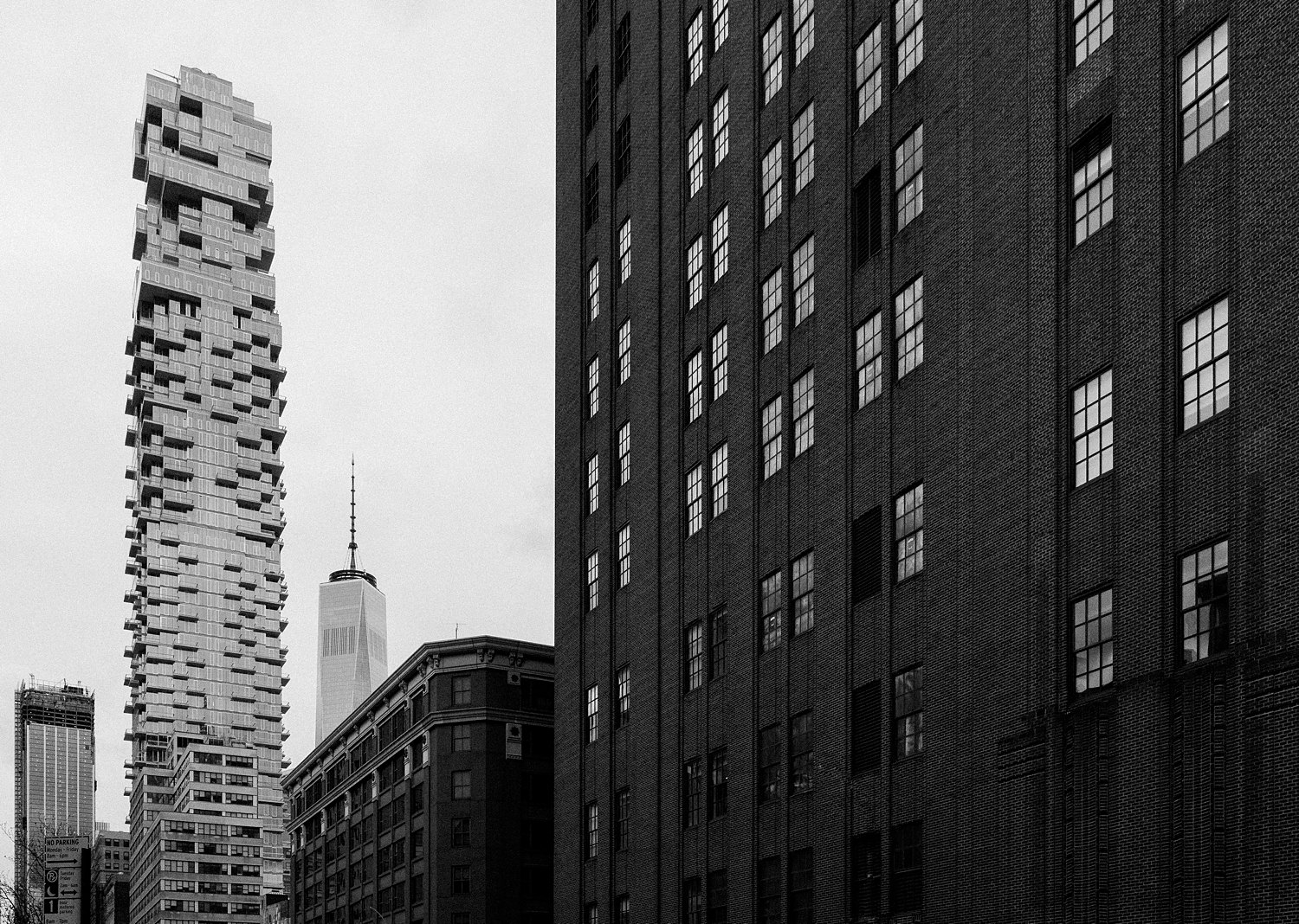 Modern skyscraper downtown Manhattan street scene black and white