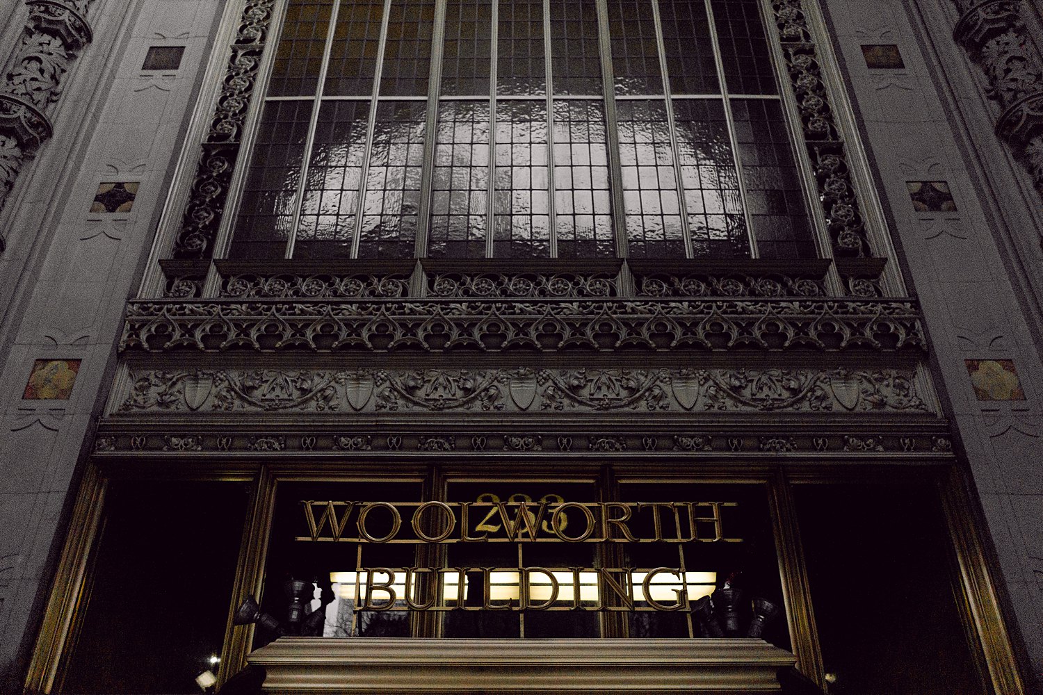 Front address of Woolworth building gold letters NYC