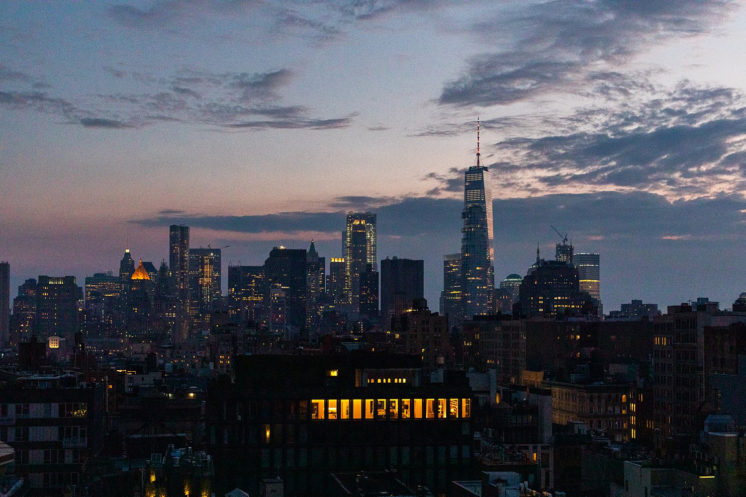 New York at dusk NYC downtown Manhattan skyline
