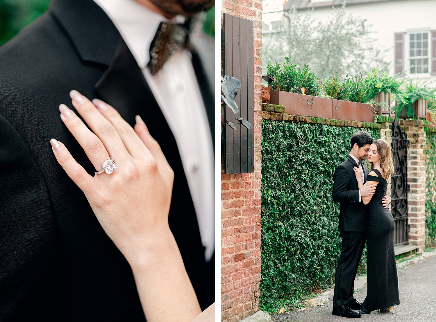 Man in tuxedo embracing girl in black dress in front of red brick and green plants