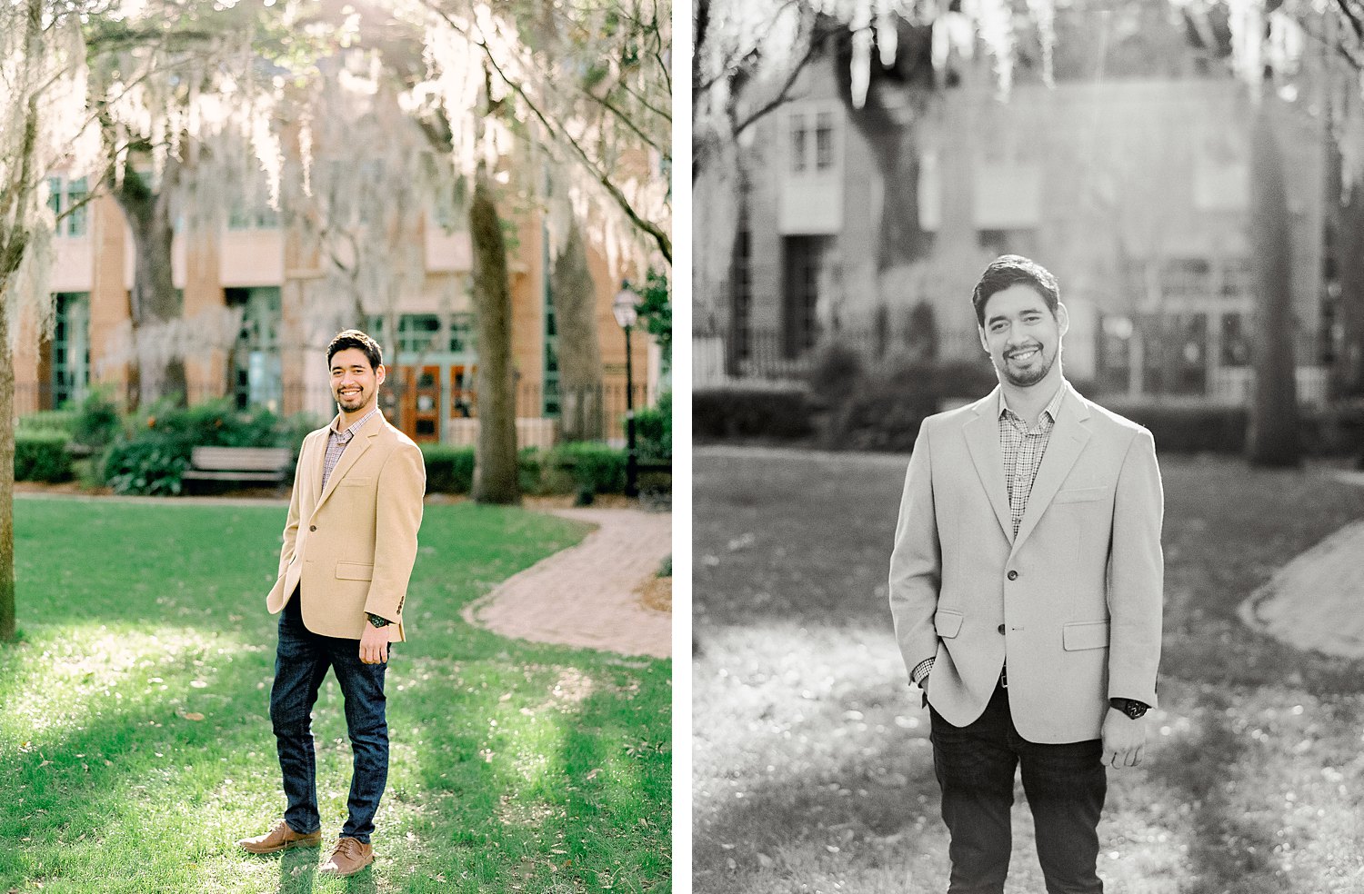 Man in tan sport coat standing on green lawn at College of Charleston
