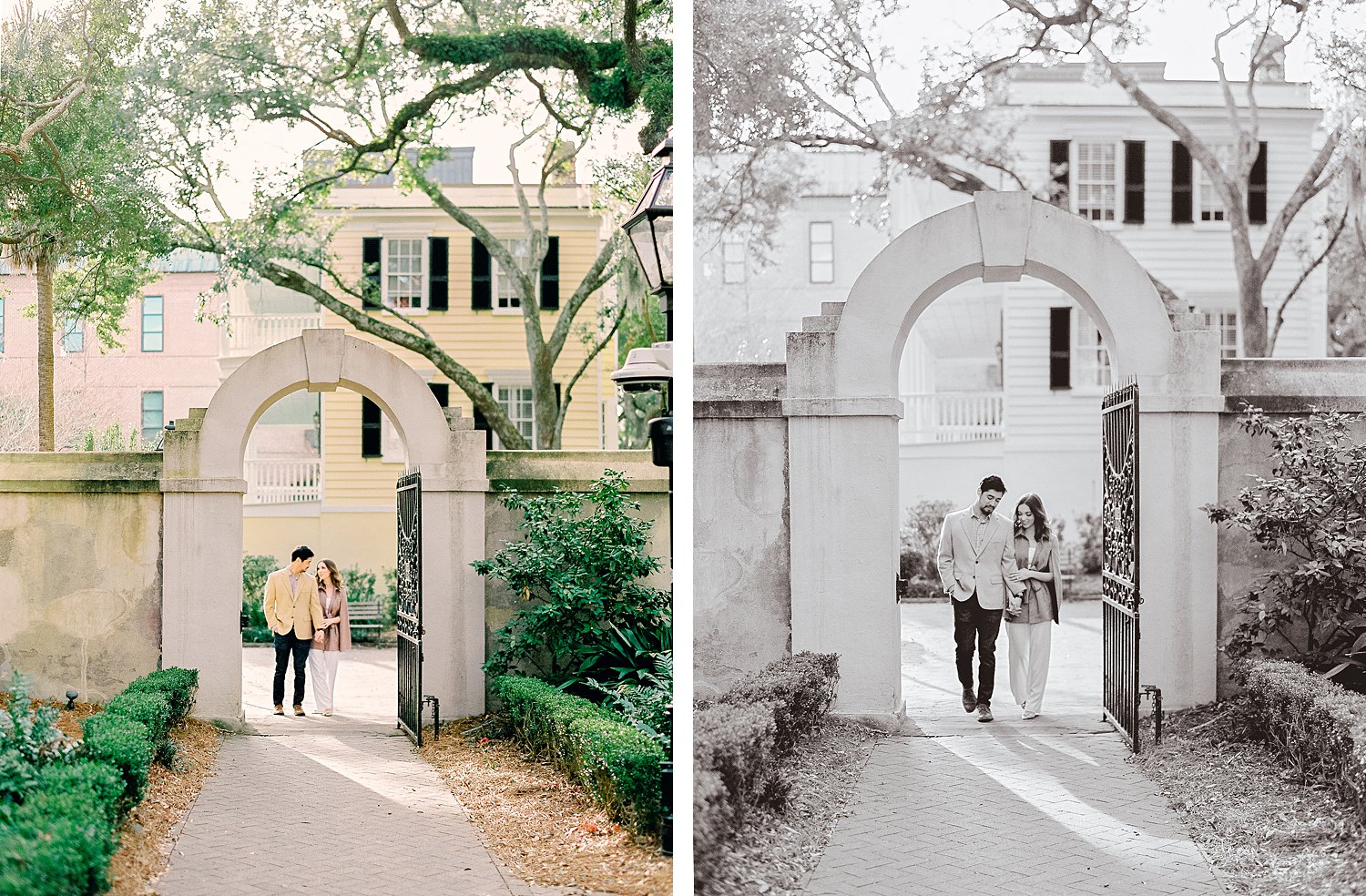 man and woman walking through concrete arched gateway at college of Charleston