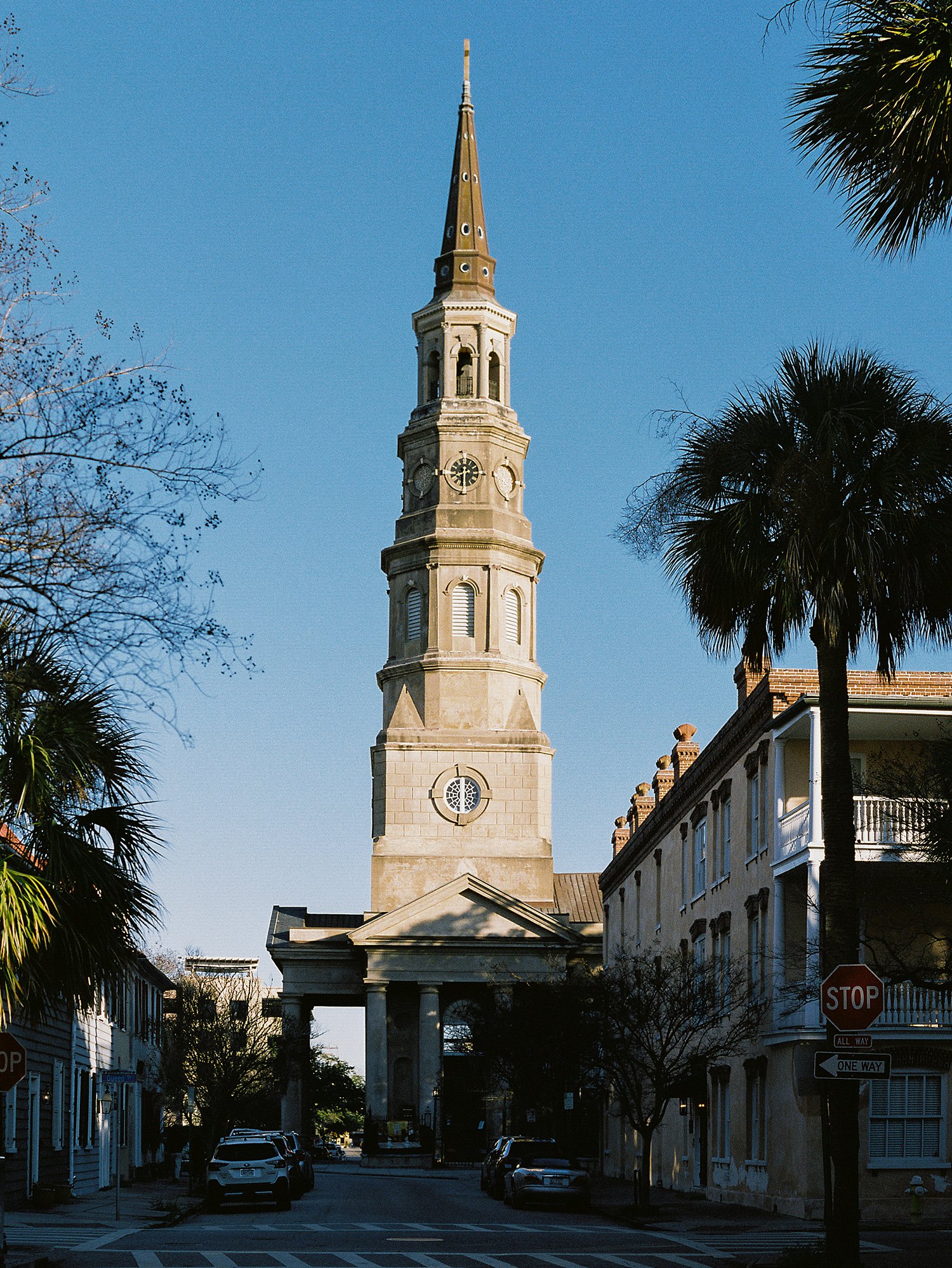 Charleston Church steeple against blue sky