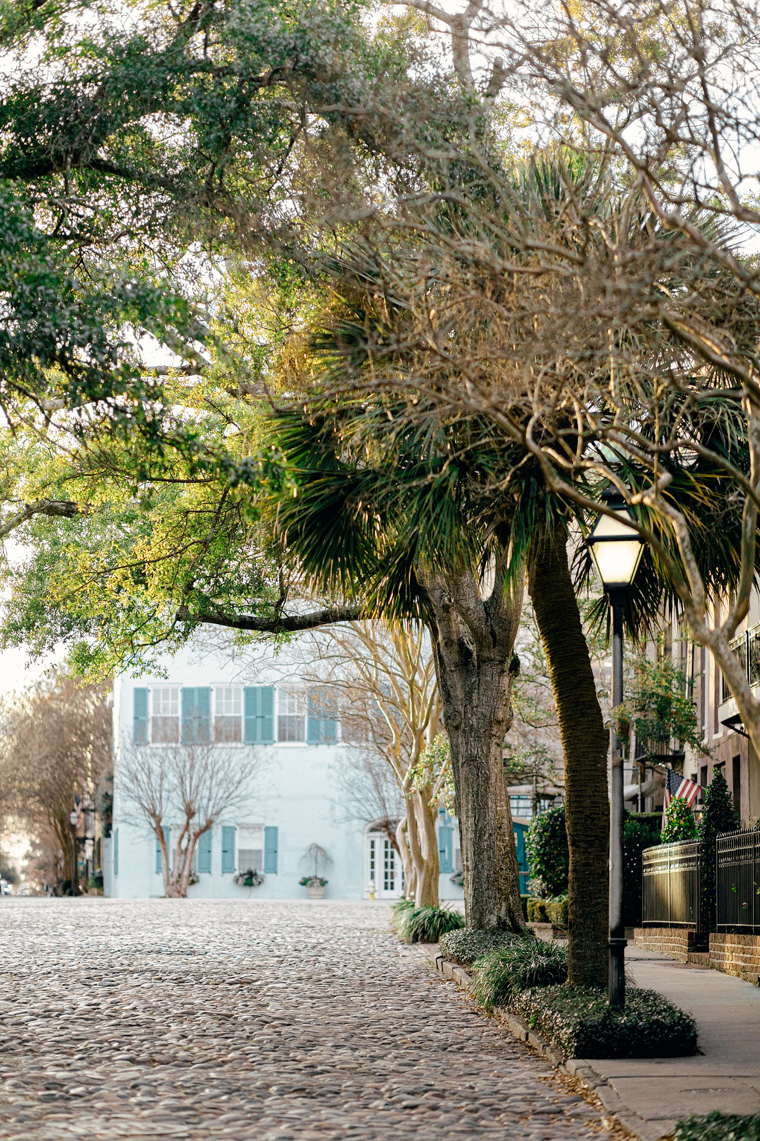 Cobblestone street lined with trees leading to blue home in Charleston