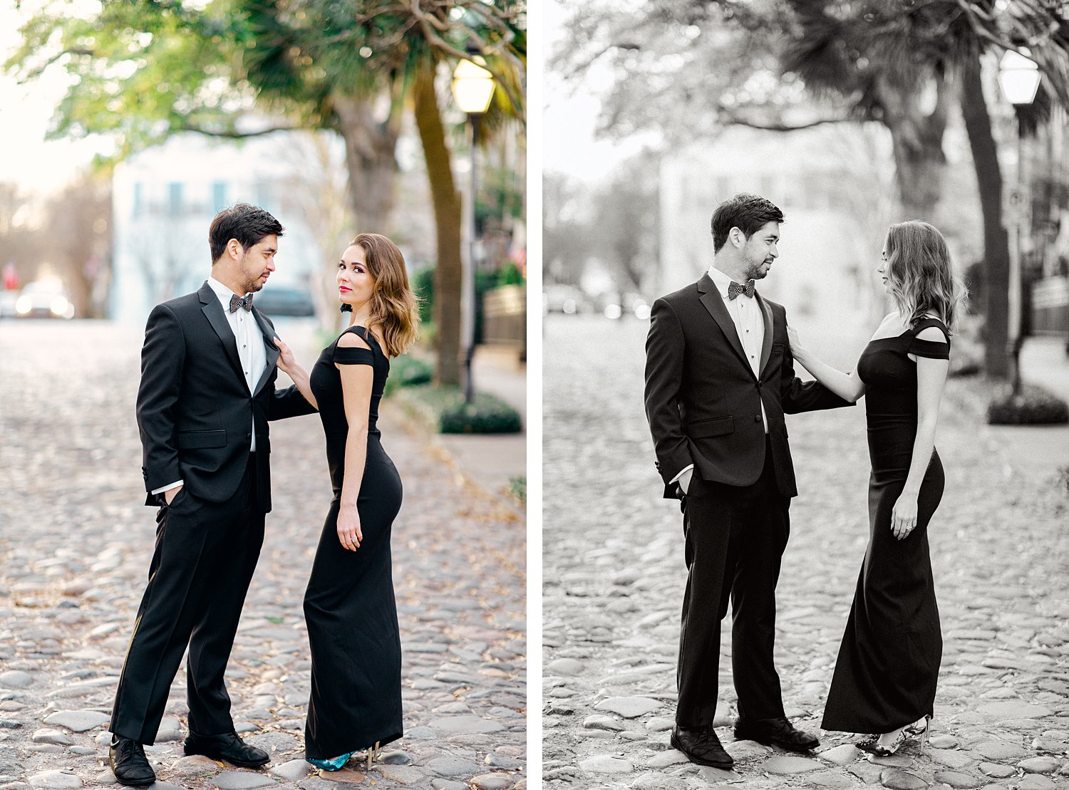 Man in tuxedo and girl in black dress standing on cobblestone street during Charleston Couple session