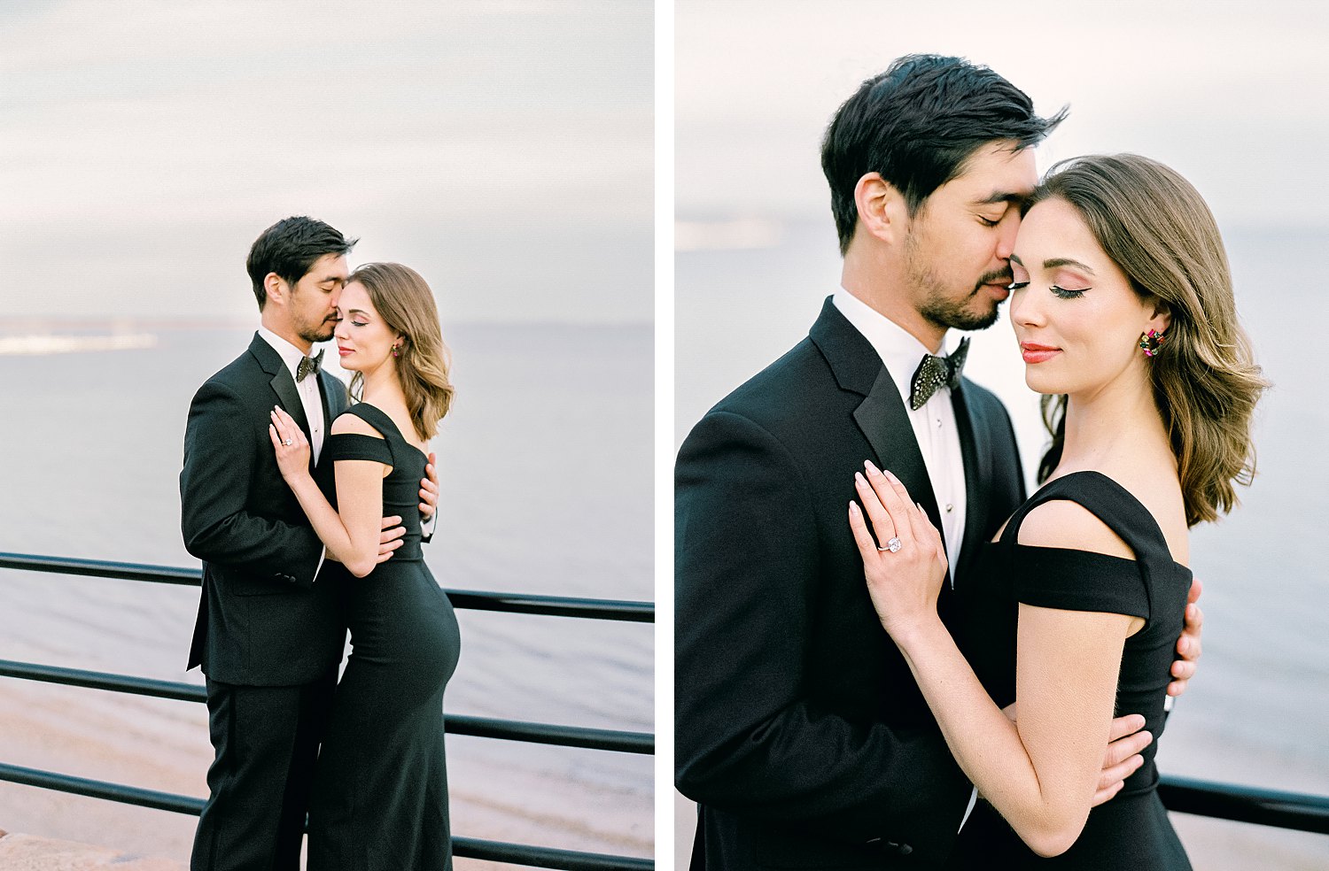 Man in tuxedo and girl in black dress hugging with eyes closed by water during Charleston Couple session