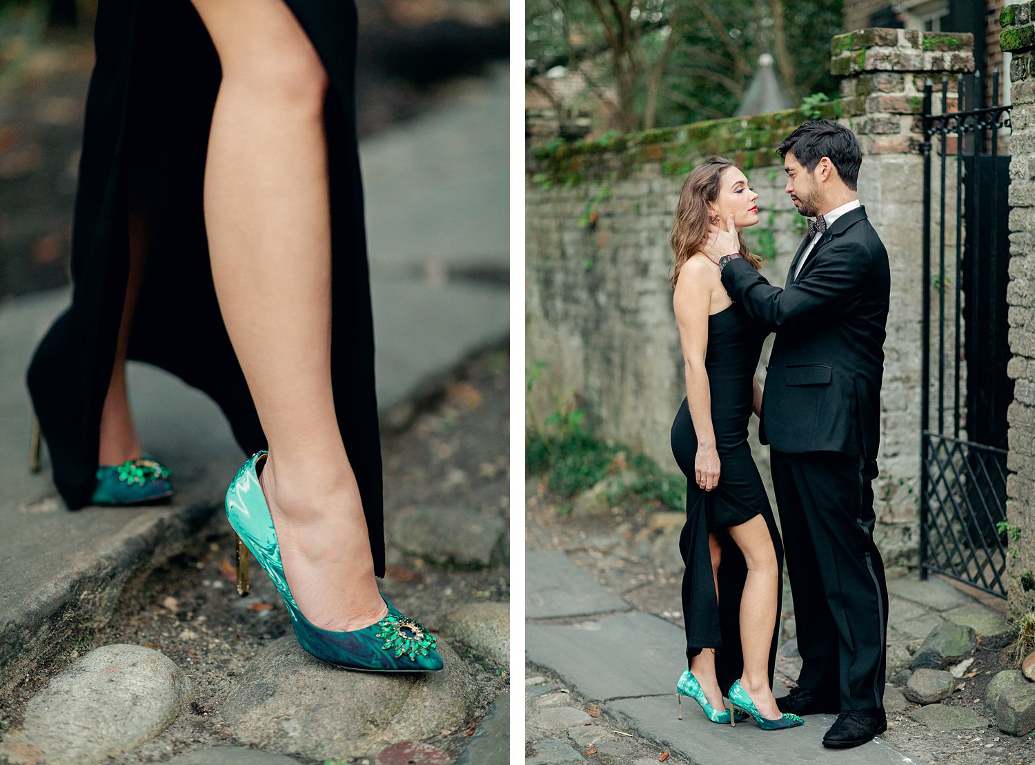 Man in tuxedo standing with woman in black dress and green high heel shoes in cobblestone alley