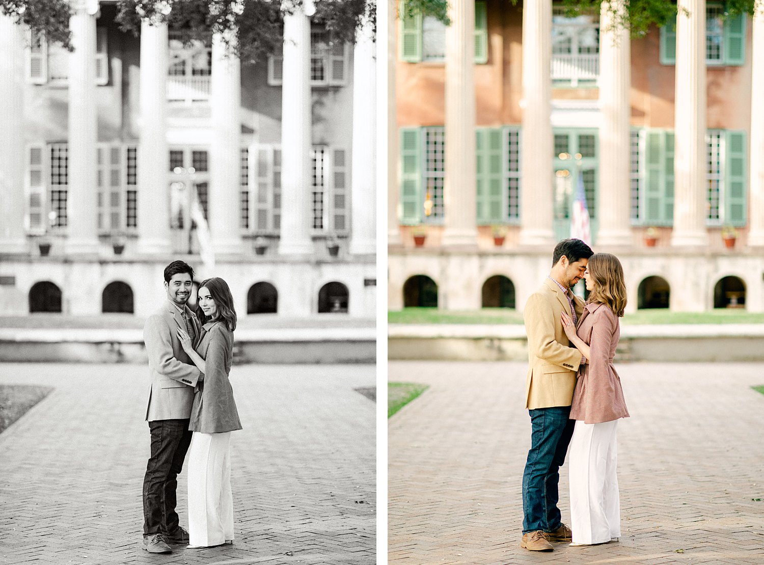 Couple embracing in front of columned building at the College of Charleston black and white