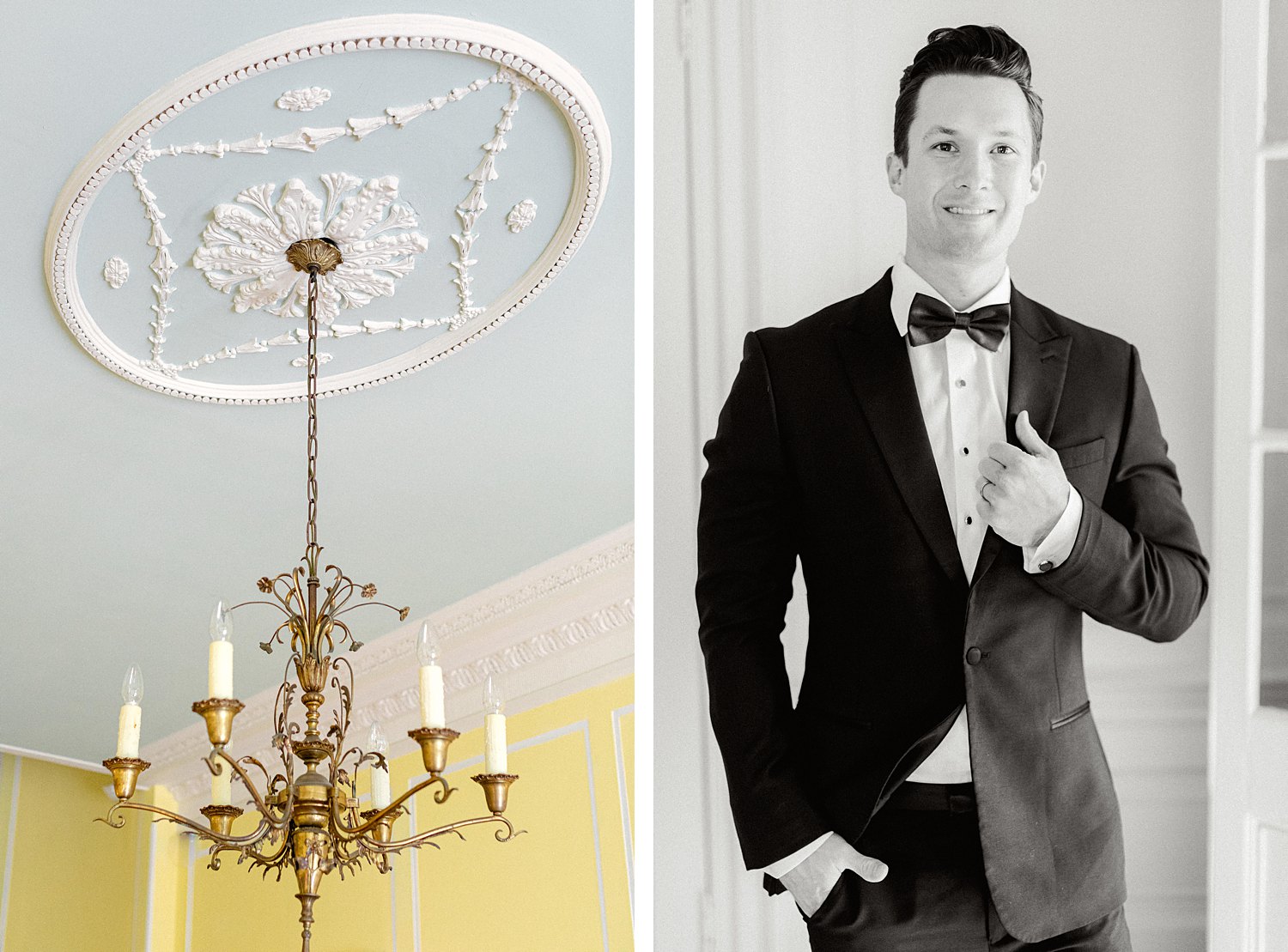 groom in black tuxedo by gold chandelier