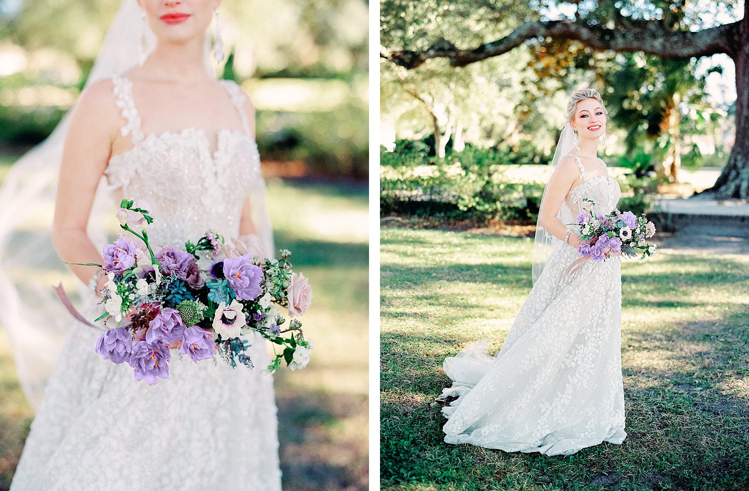 bride in white dress and purple floral bouquet in green garden at Lowndes Grove