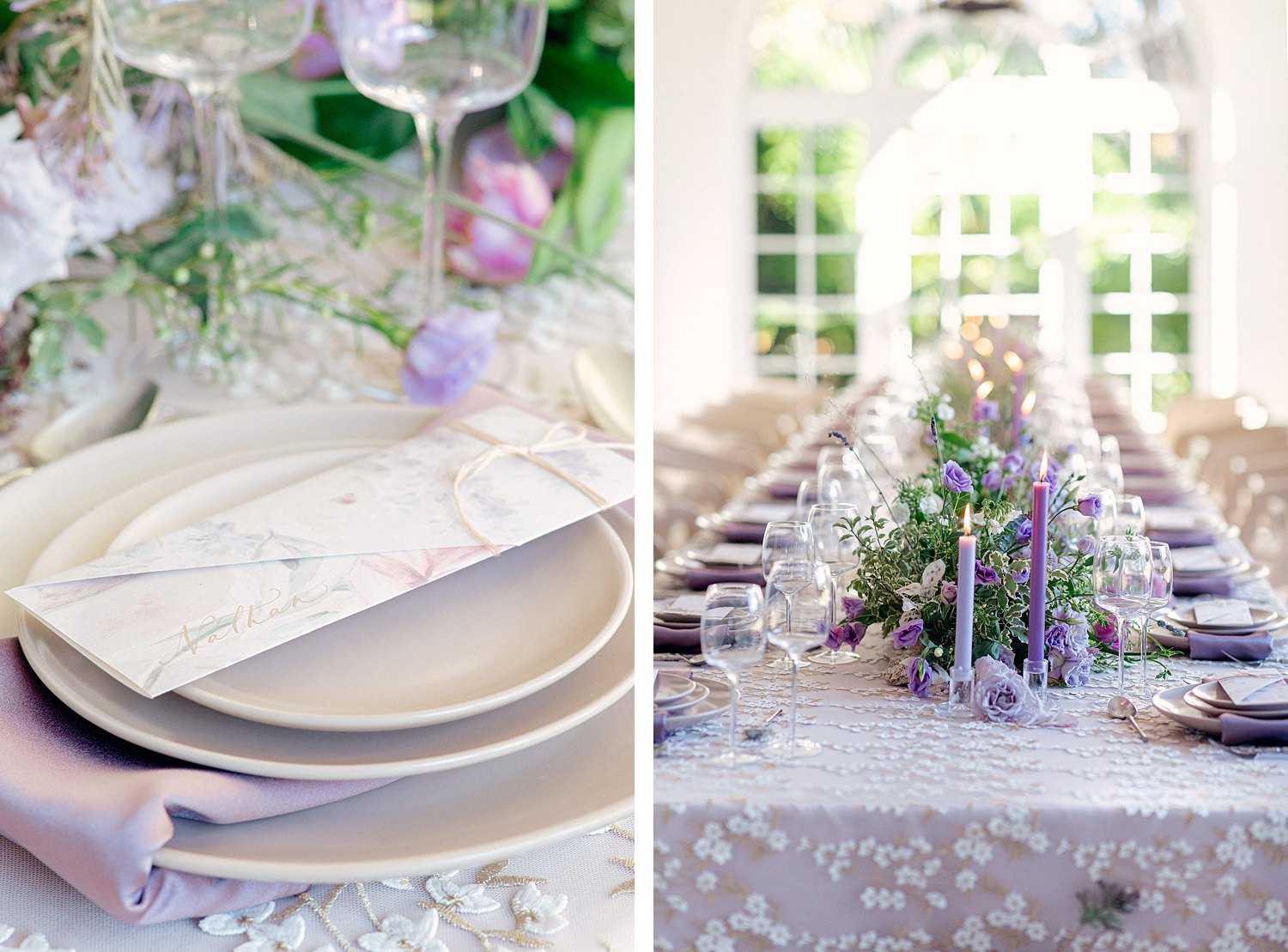 Reception table with purple florals, candles, and plates in patio room at Lowndes Grove Charleston Wedding
