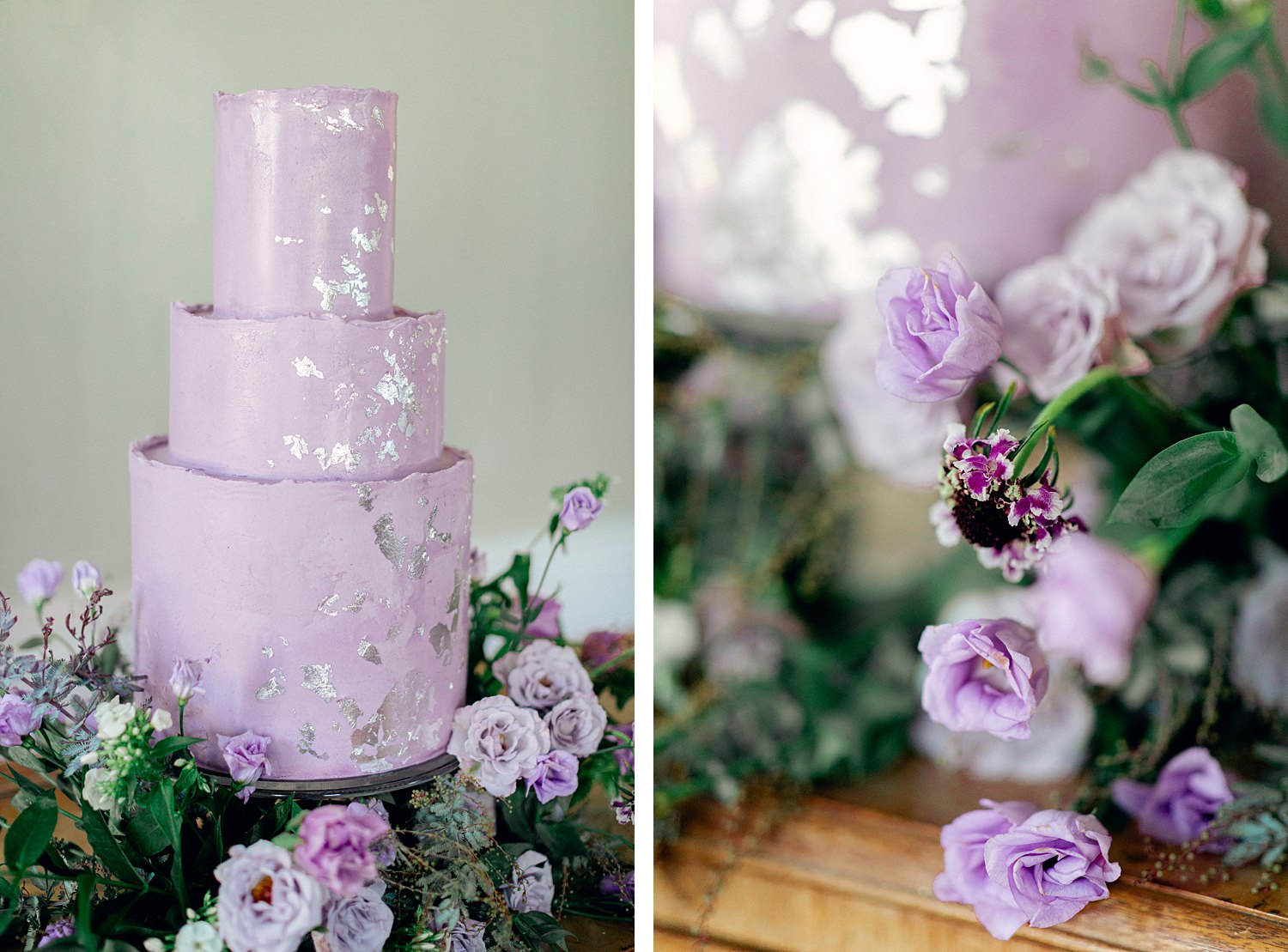 purple three tiered wedding cake surrounded by purple florals