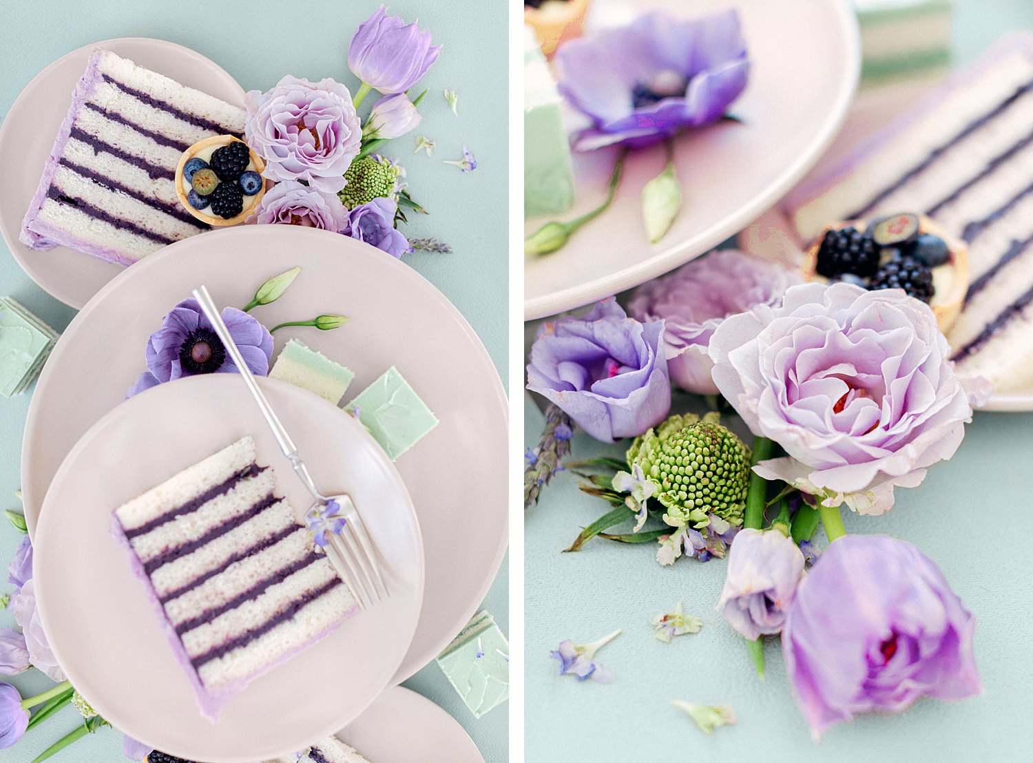 purple cake slices laying on plates with by purple florals against green background wedding flat lay