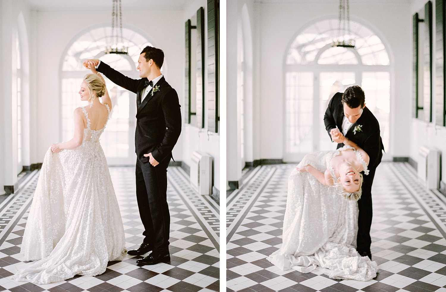 groom twirling and dipping bride on black and white tile floor at Lowndes Grove patio Wedding reception