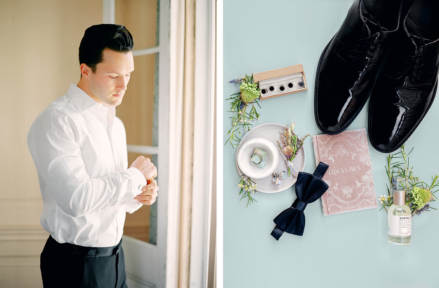 man in white shirt putting on cufflinks and groom accessories in front of green background